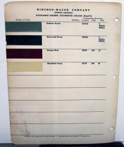 1942-1946 Plymouth Color Paint Chips Leaflet RM Original 2 Sided