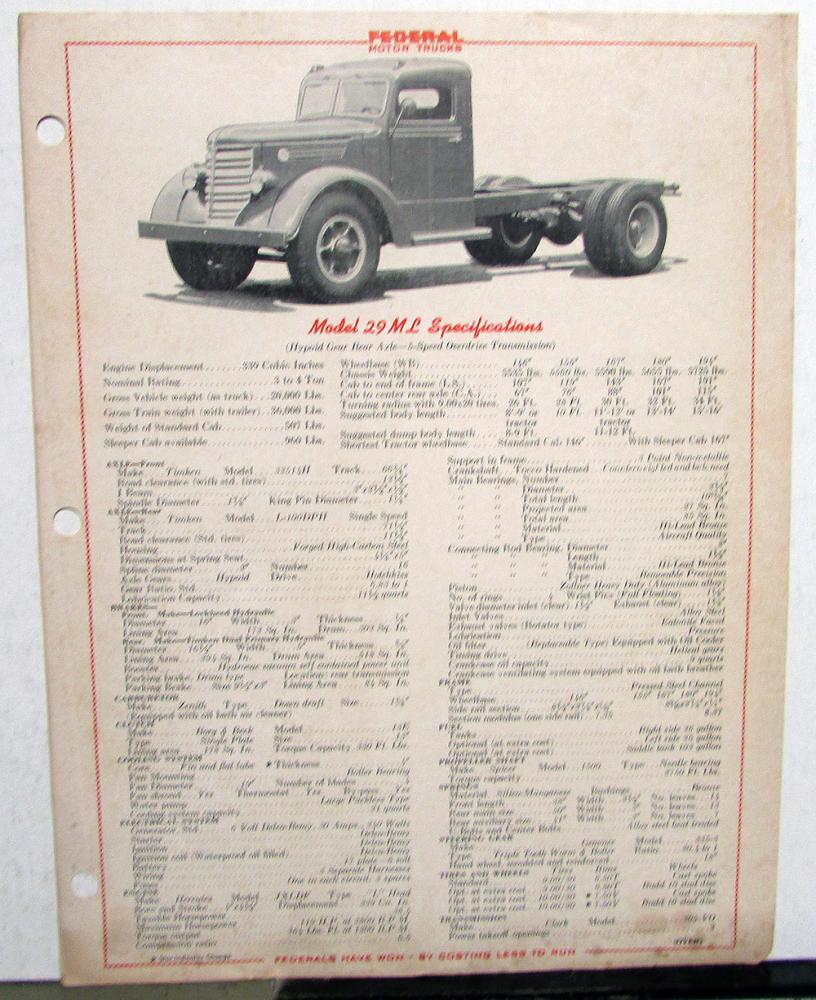 19471948 Federal Truck Model 29ML Specification Sheet Revised 7/20/47
