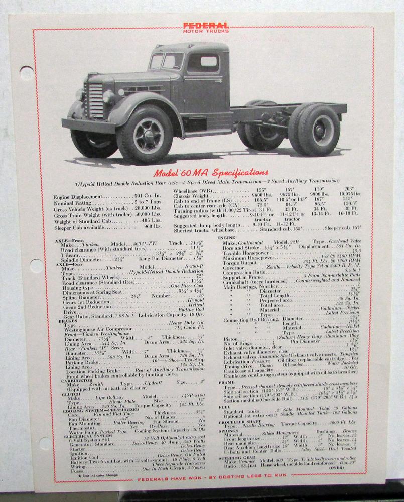 1947 1948 Federal Truck Model 60MA Specification Sheet