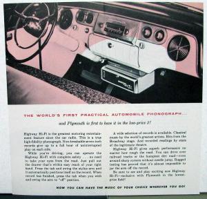1956 Plymouth Dealer Sales Brochure Folder Highway Hi-Fi Car Record Player