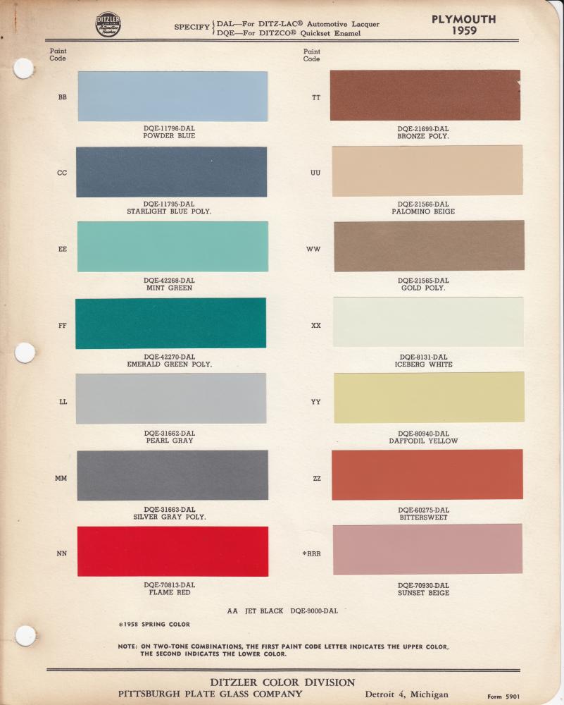 1959 Plymouth Color Paint Chips Leaflet Ditzler Original