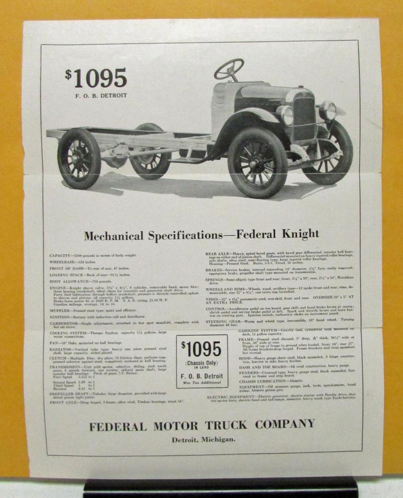 1924 Federal Knight Truck Model 1 Ton Sales Folder and Specifications With Price
