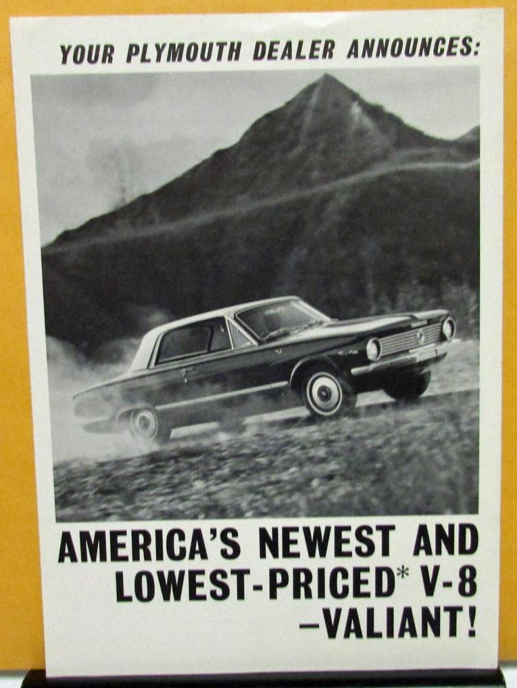 1964 Plymouth Valiant Dealer Sales Brochure Folder Newest & Lowest Priced V-8