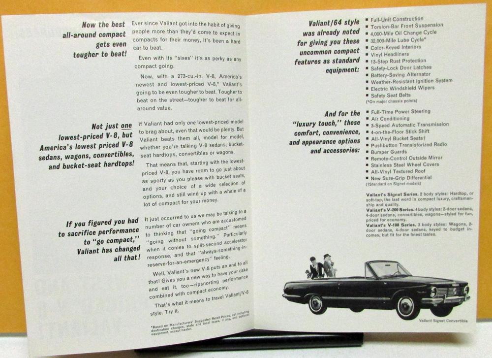 1964 Plymouth Valiant Dealer Sales Brochure Folder Newest & Lowest