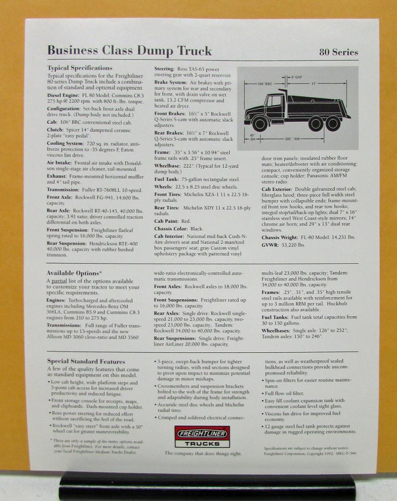 1992 Freightliner Series 80 Business Class Dump Truck Specification Sheet