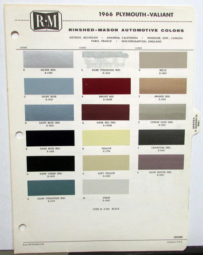 1966 Plymouth Color Paint Chips Leaflet Valiant Barracuda Belvedere Fury