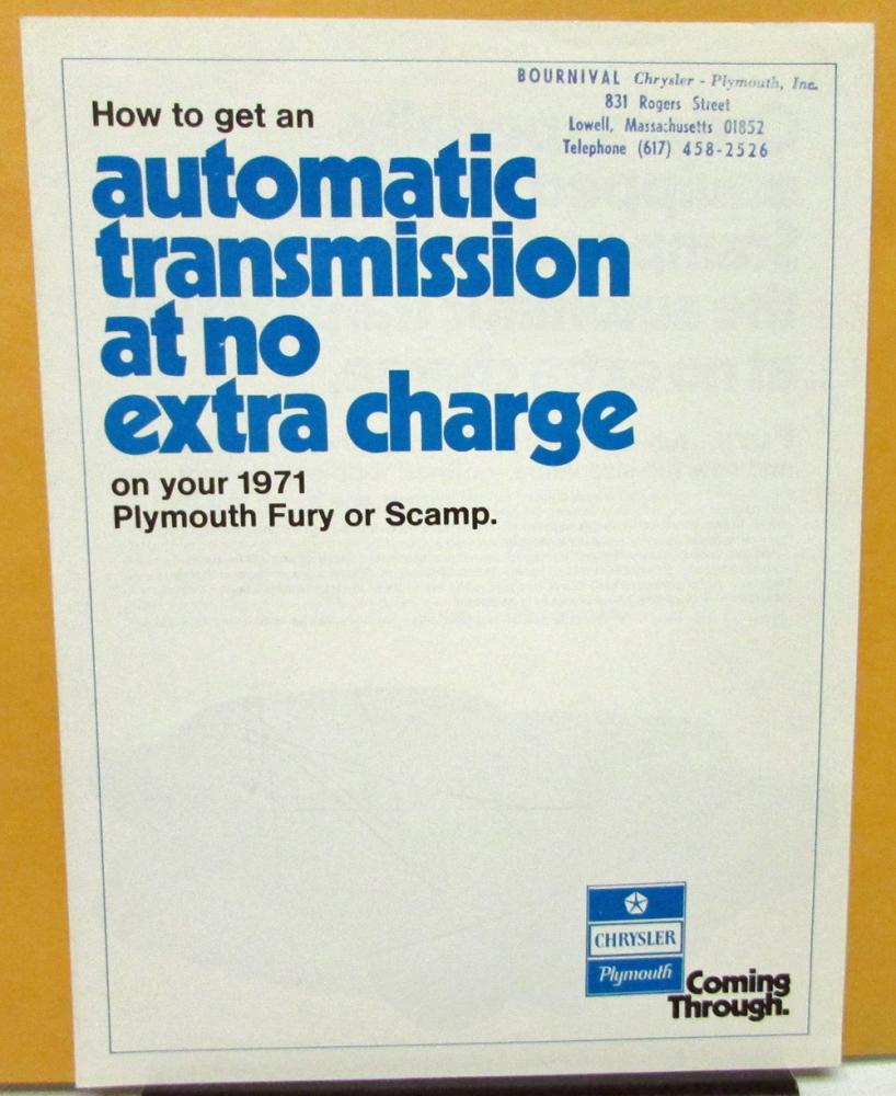 1971 Plymouth Fury Scamp Free Auto Transmission Dealer Sales Brochure Folder