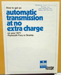 1971 Plymouth Fury Scamp Free Auto Transmission Dealer Sales Brochure Folder