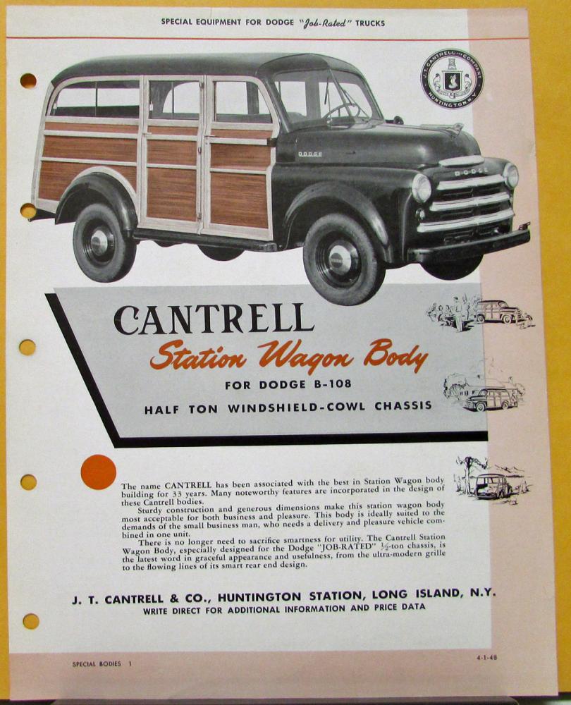 1948 Dodge B108 Half Ton Cantrell Woody Station Wagon Body Sales Sheet Original