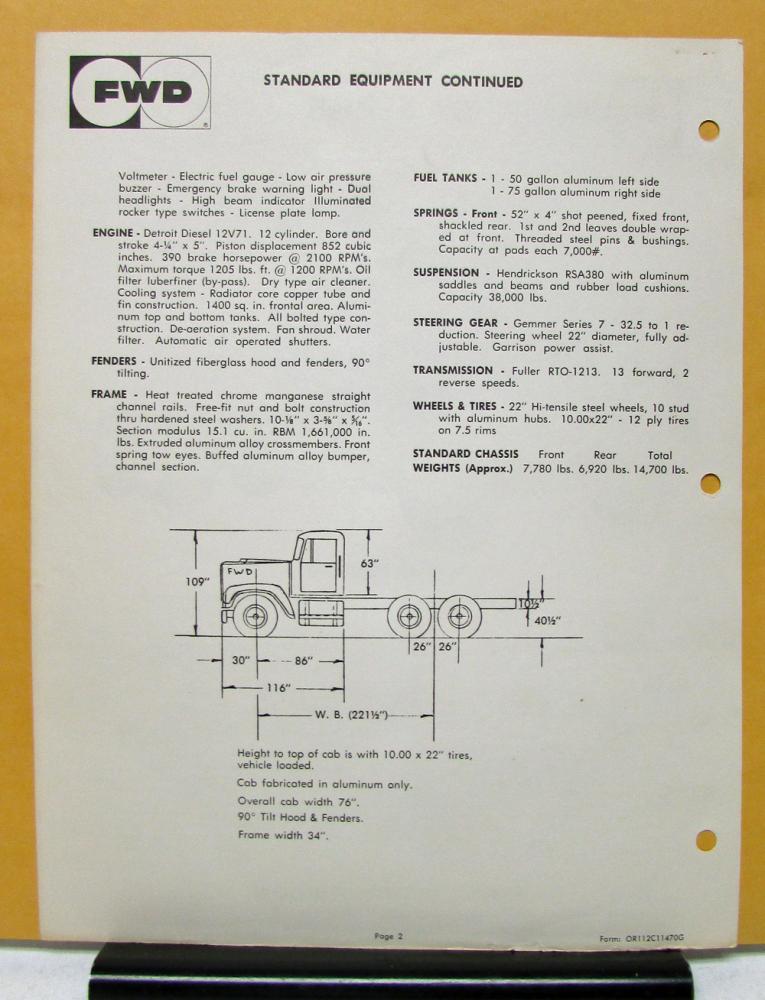 1971 FWD Truck Series C Model CA64124412V71 Specification Sheet