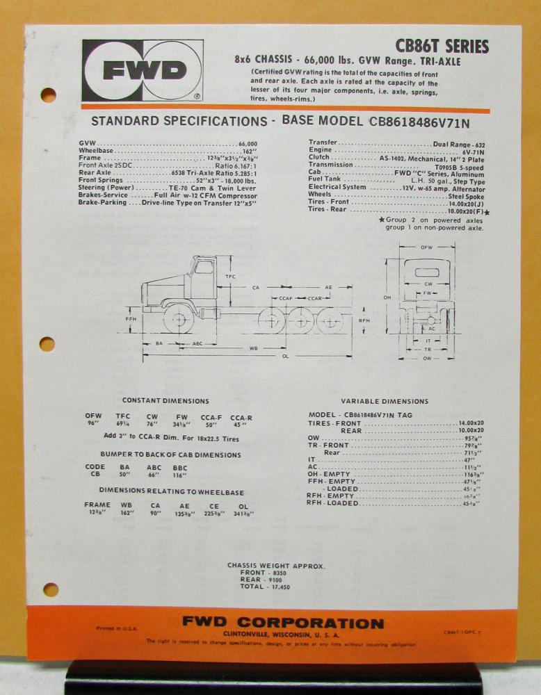 1975 1976 1977 1978 1979 1980 FWD Truck Model CB8618486V71N Specification Sheets