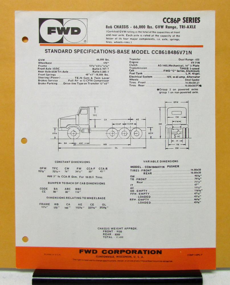 1975 1976 1977 1978 1979 1980 FWD Truck Model CC8618486V71N Specification Sheets