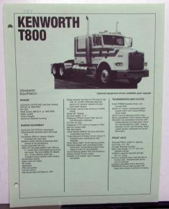 1987 Kenworth Truck Model T800 Standard Equipment Sheet