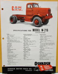 1957 OSHKOSH Truck Model W 216 Specification Sheet