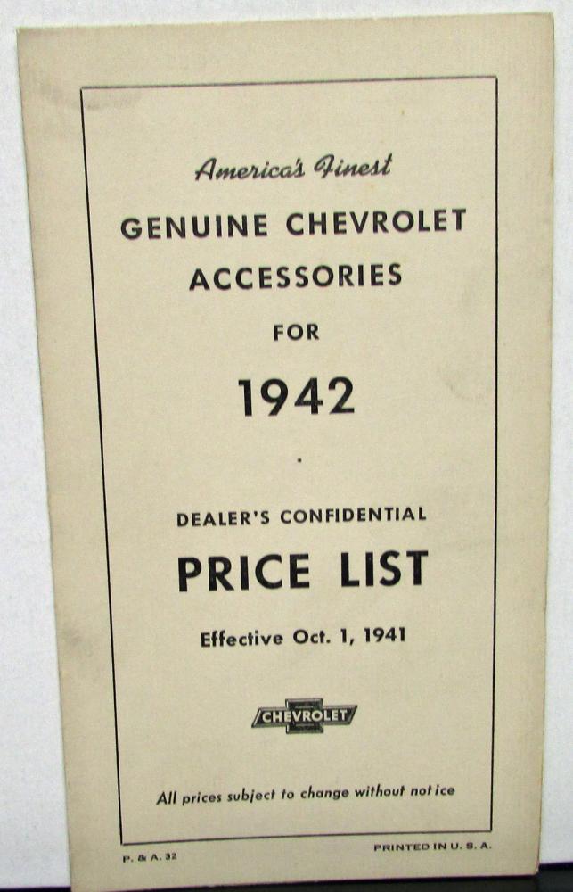 1942 Chevrolet Dealer Confidential Price List Accessories & Part No Original