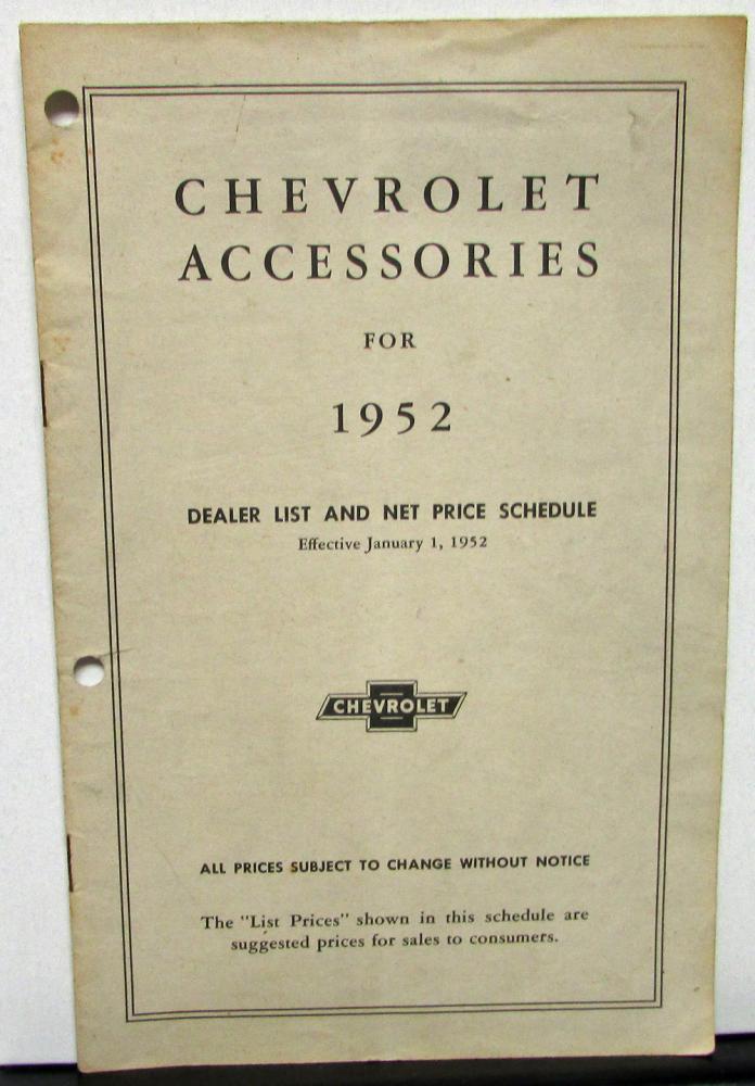 1952 Chevrolet Dealer Confidential Price List Accessories Original Part #