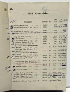 1952 Chevrolet Dealer Confidential Price List Accessories Original Part #