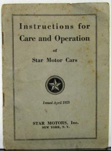 1923 Star Motor Car Instructions for Care & Operation Owners Manual Original