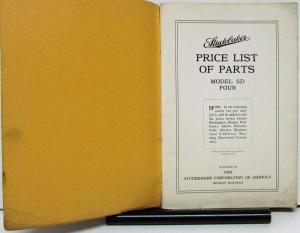 1915 Studebaker Price & Parts List Model SD Four Book Original