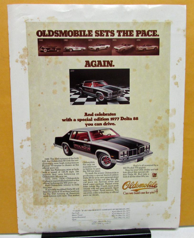 1977 Oldsmobile Delta 88 Indy 500 Pace Car Magazine Ad Slick Proof Car Craft