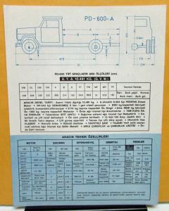 1973 Chrysler Sanayi Truck PD-600-A Foreign Turkish Sales Brochure Data Sheet