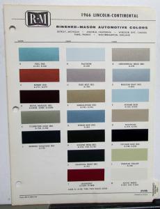 1966 Lincoln Continental Color Paint Chips Leaflet R-M