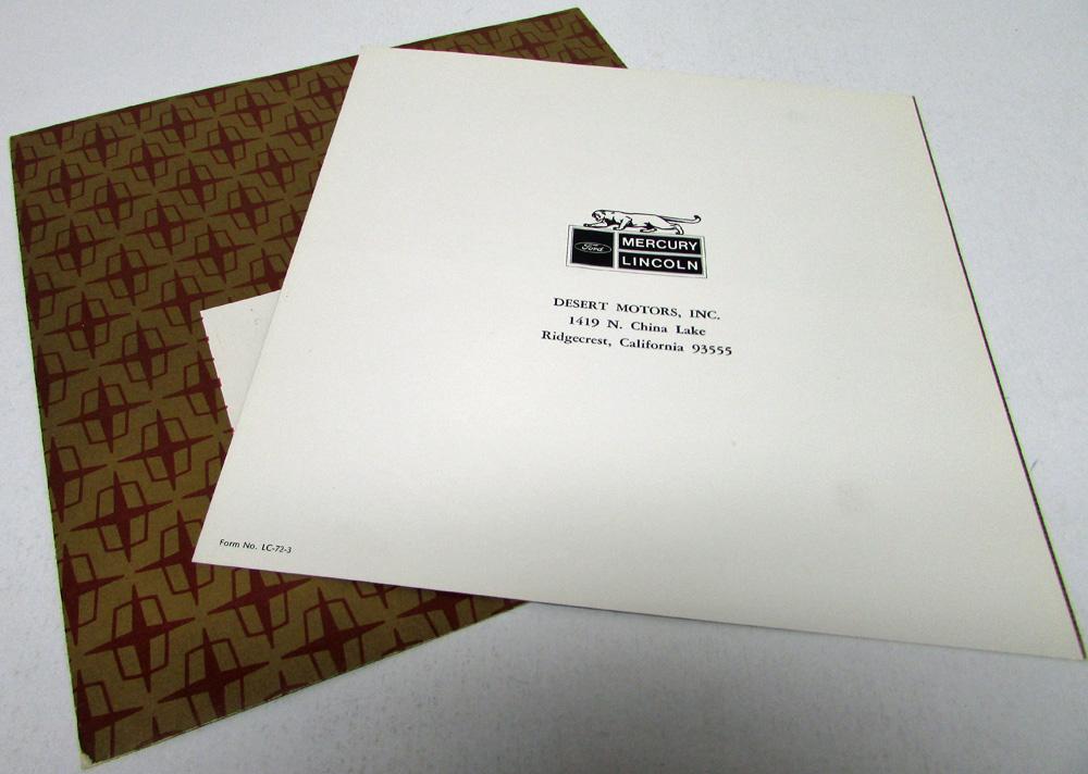 1972 Lincoln Continental Sales Brochure Mailer w Envelope