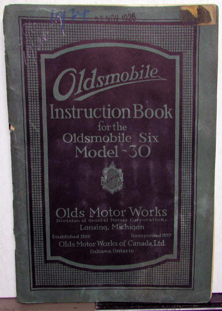 1924 Oldsmobile Six Canadian Model 30 Instruction Book Owners Manual Care & Op