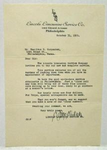 1926 Lincoln Limousine Service Co of Philadelphia Letter to Prospective Customer