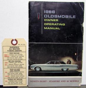 1966 Oldsmobile Owners Manual 98 Starfire 88 W/Climate Control Hangtag