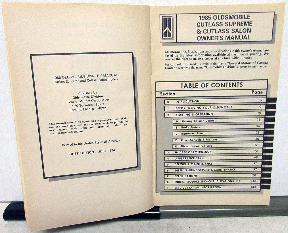 1985 Oldsmobile Owners Manual Cutlass Supreme & Salon Models Care &  Operation