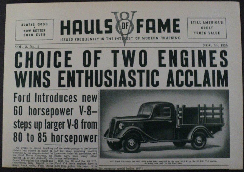 1936 Ford Hauls of Fame V8 Newsprint Vol 2 No 1 November 30 Brochure ORIGINAL