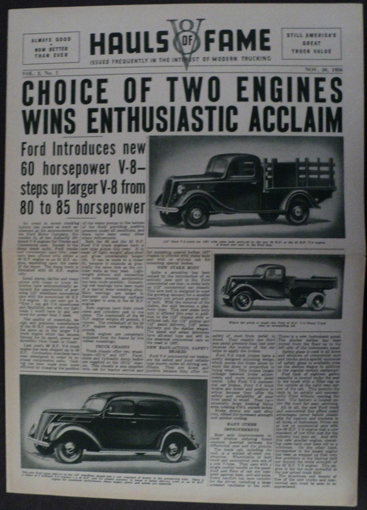 1936 Ford Hauls of Fame V8 Newsprint Vol 2 No 1 November 30 Brochure ORIGINAL