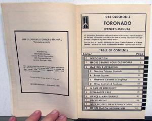 1986 Oldsmobile Owners Manual Toronado Models Care & Operation