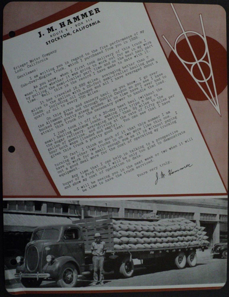 1938 1939 Ford COE Truck Testimonial Bulletin ORIGINAL J M Hammer Stockton CA