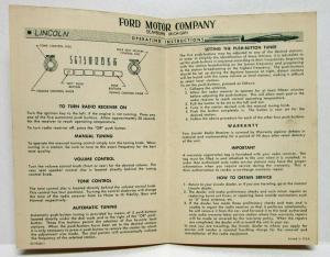 1952 Lincoln Radio Installation & Operating Instructions Folder with Extras