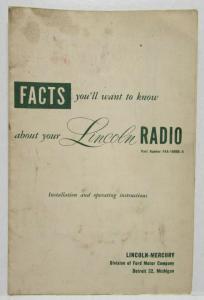 1952 Lincoln Radio Installation and Operating Instructions Folder