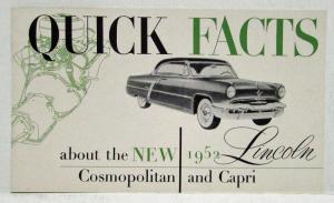 1952 Lincoln Cosmopolitan and Capri Quick Facts Sales Brochure