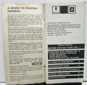 1978 Pontiac Owners Manual Care & Operation Catalina Bonneville & Brougham
