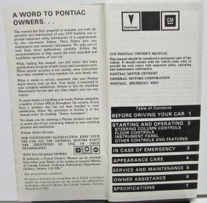 1978 Pontiac Owners Manual Care & Operation Sunbird