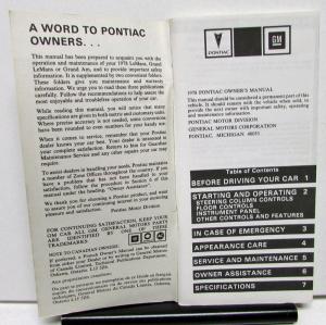 1978 Pontiac Owners Manual Care & Operation LeMans Grand Am