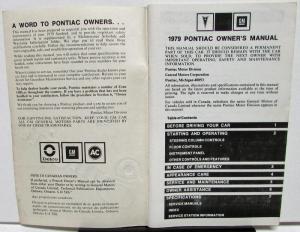 1979 Pontiac Owners Manual Care & Operation Sunbird