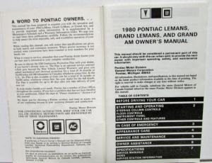1980 Pontiac Owners Manual Care & Operation Le Mans Grand Am