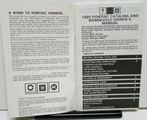 1980 Pontiac Owners Manual Care & Operation Catalina Bonneville & Brougham