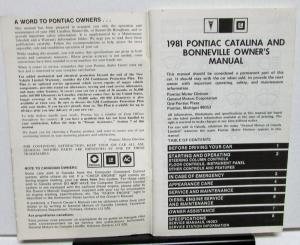 1981 Pontiac Owners Manual Care & Operation Catalina Bonneville & Brougham