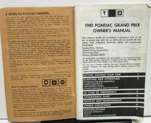 1981 Pontiac Owners Manual Care & Operation Grand Prix LJ & Brougham