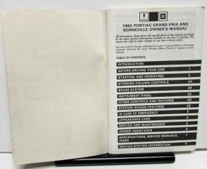 1982 Pontiac Owners Manual Care & Operation Grand Prix Bonneville