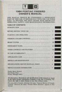 1984 Pontiac Owners Manual Firebird Trans Am Care & Operation Original