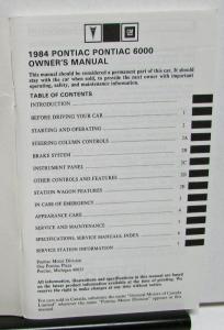1984 Pontiac Owners Manual 6000 Care & Operation Original