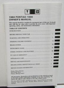 1984 Pontiac Owners Manual 1000 Care & Operation Original